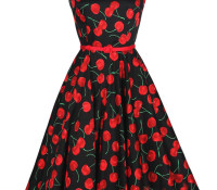 Choies – Black Cherry Print Boat Neck Tie Waist Pleat Skater Dress – Damen-Bekleidung – Kleider – ,