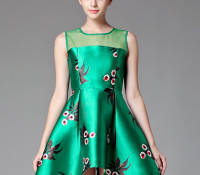 Choies – Green Floral Print Sleeveless Dipped Hem Skater Dress – Damen-Bekleidung – Kleider – ,