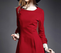 Krawatte   Kleid – Choies – Red Long Sleeve Color Block Cuff Bowtie Detail Skater Dress – Damen-Bekleidung – Kleider – ,