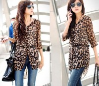 Cndirect – Korean Women's Leopard Half Sleeve Long Shirt Blouse – Damen-Bekleidung – Blusen & Tuniken – , Damen-Bekleidung – Tops & Shirts – Langarmshirts,