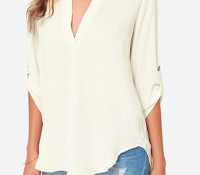 Choies – White V Neck Roll Up Long Sleeve Chiffon Blouse – Damen-Bekleidung – Blusen & Tuniken – ,