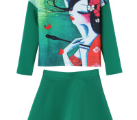 Choies – Green Beauty Print Long Sleeve Top And A-line Skirt – Damen-Bekleidung – Röcke – ,